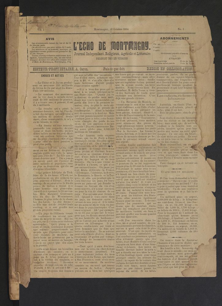 La une de l’Écho de Montmagny : journal indépendant, religieux, agricole et littéraire, 12 octobre 1894